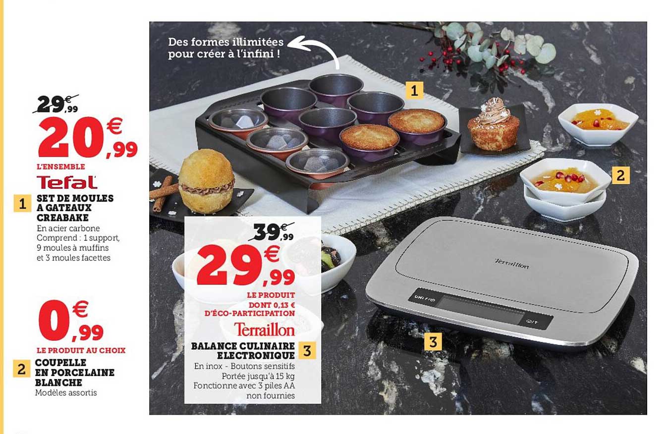 set de moules à gateaux créabake, coupelle en porcelaine blanche, balance culinaire électronique terraillon
