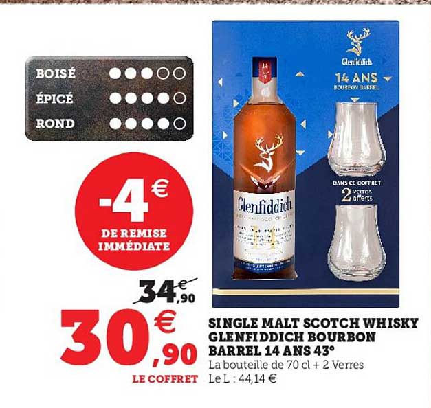 single malt scotch whisky glenfiddich bourbon barrel 14 ans 43°
