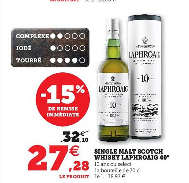 single malt scotch whisky laphroaig 40° -15% de remise immédiate