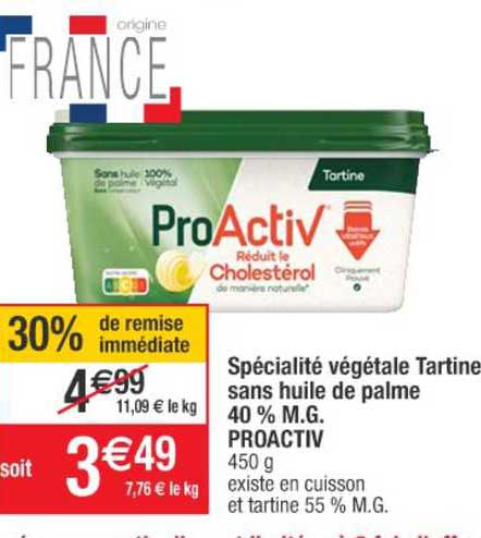 spécialité végétale tartine sans huile de palme 40% m.g. proactiv