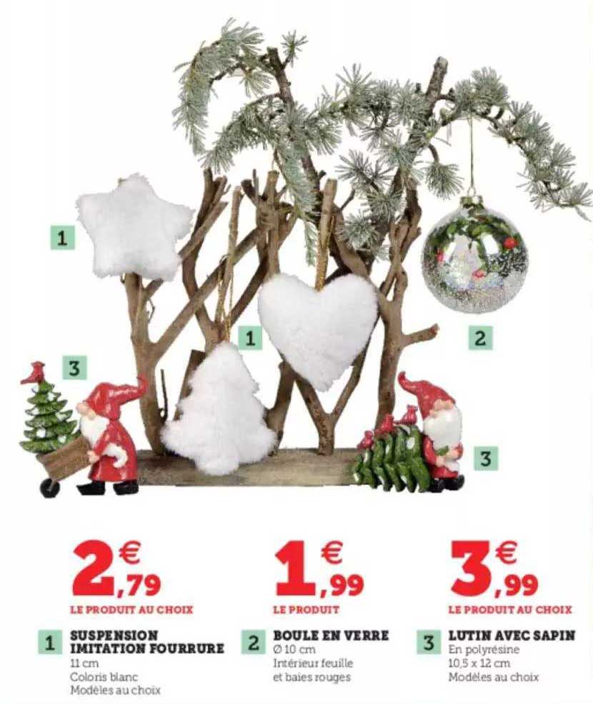 Suspension Imitation Fourrure, Boule En Verre, Lutin Avec Sapin