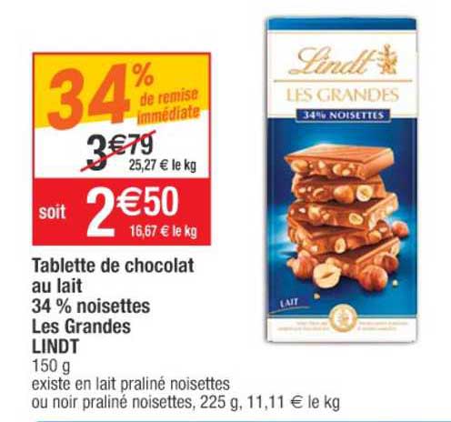 tablette de chocolat au lait 34% noisettes les grandes lindt