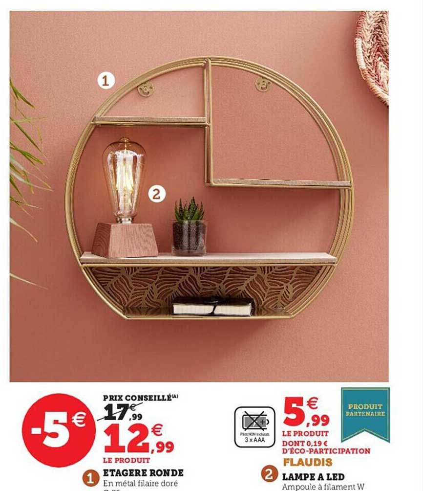 étagère ronde, lampe à led flaudis