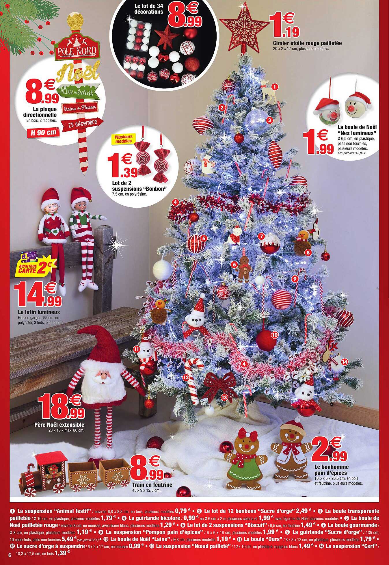 la plaque directionnelle, cimier étoile rouge pailletée, lot de 2 suspensions "bonbon", la boule de noël "nez lumineux",  le lutin lumineux, père noël extensible, train en feutrine