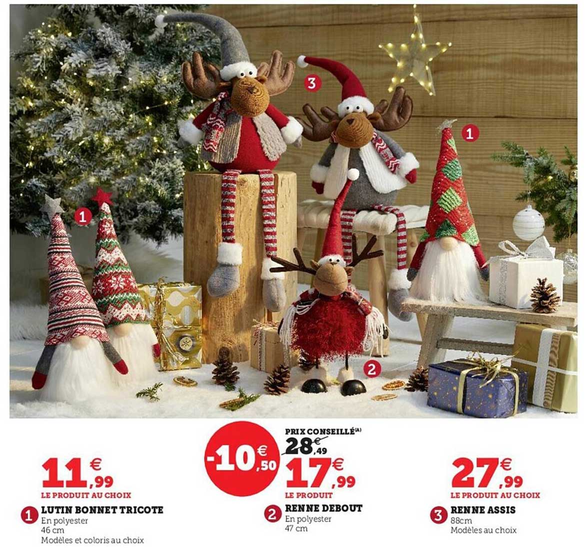 lutin bonnet tricoté, renne debout, renne assis