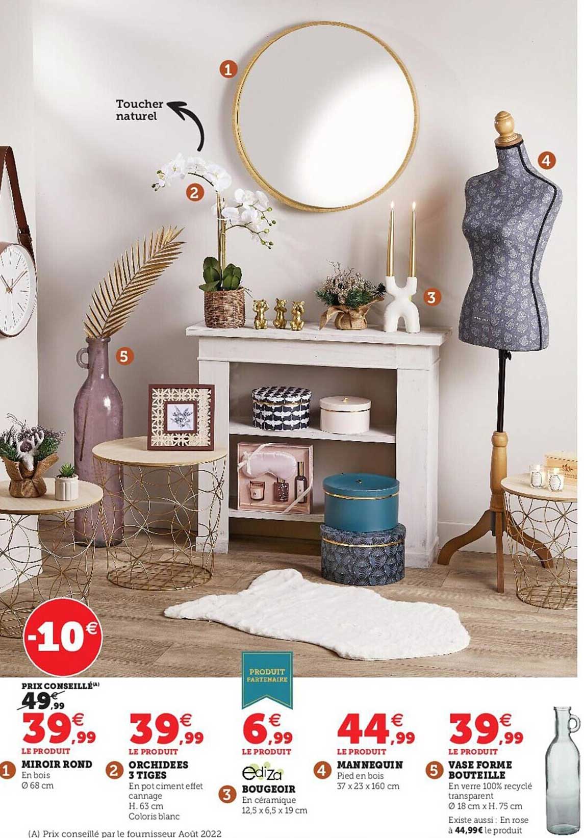 miroir rond, orchidées 3 tiges, bougeoir ediza, mannequin, vase forme bouteille