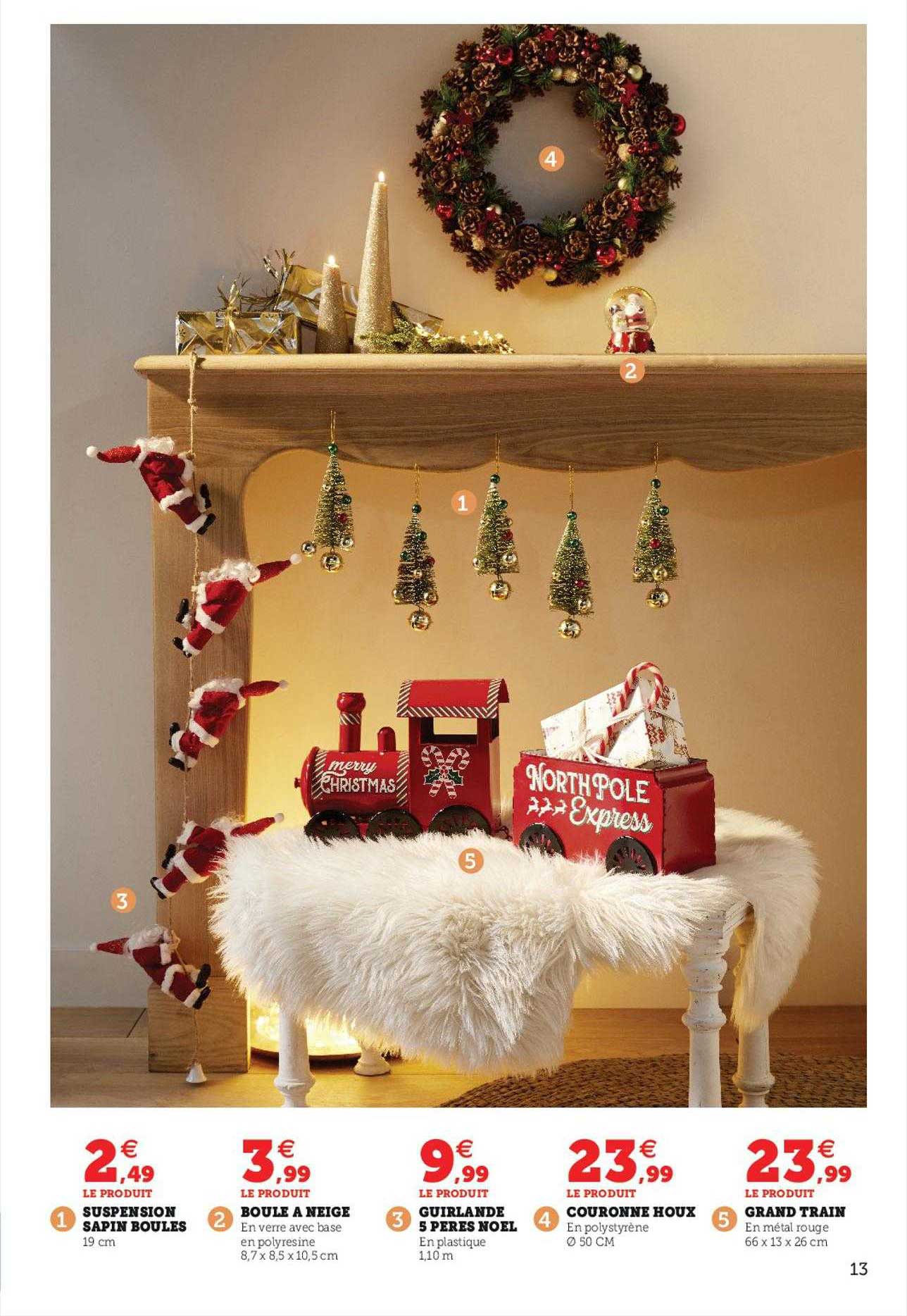 suspension sapin boules, boule à neige, guirlande 5 pères noël, couronne houx, grand train
