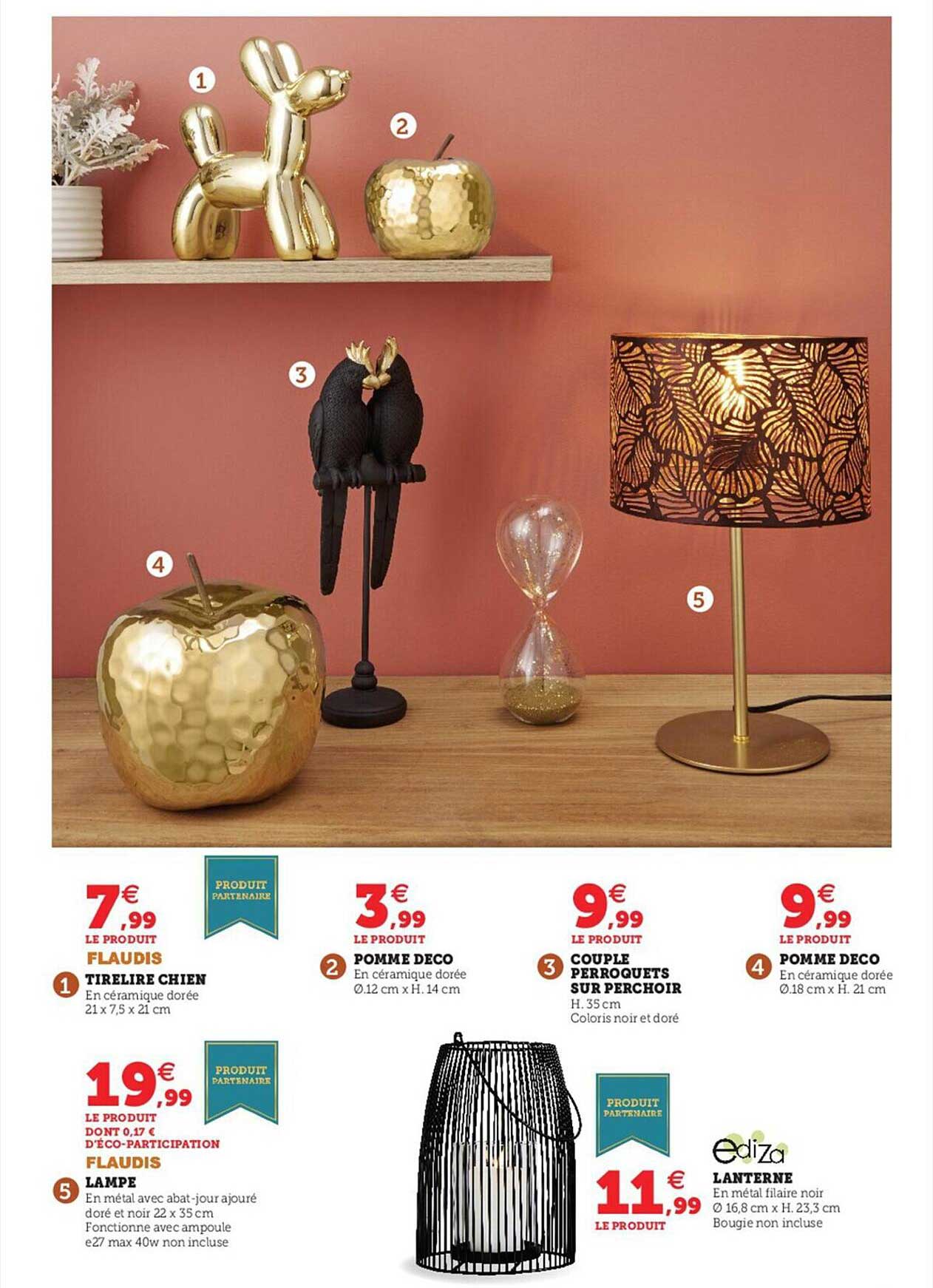 tirelire chien flaudis, lampe flaudis, pomme déco, couple perroquets sur perchoirs, lanterne ediza, pomme déco