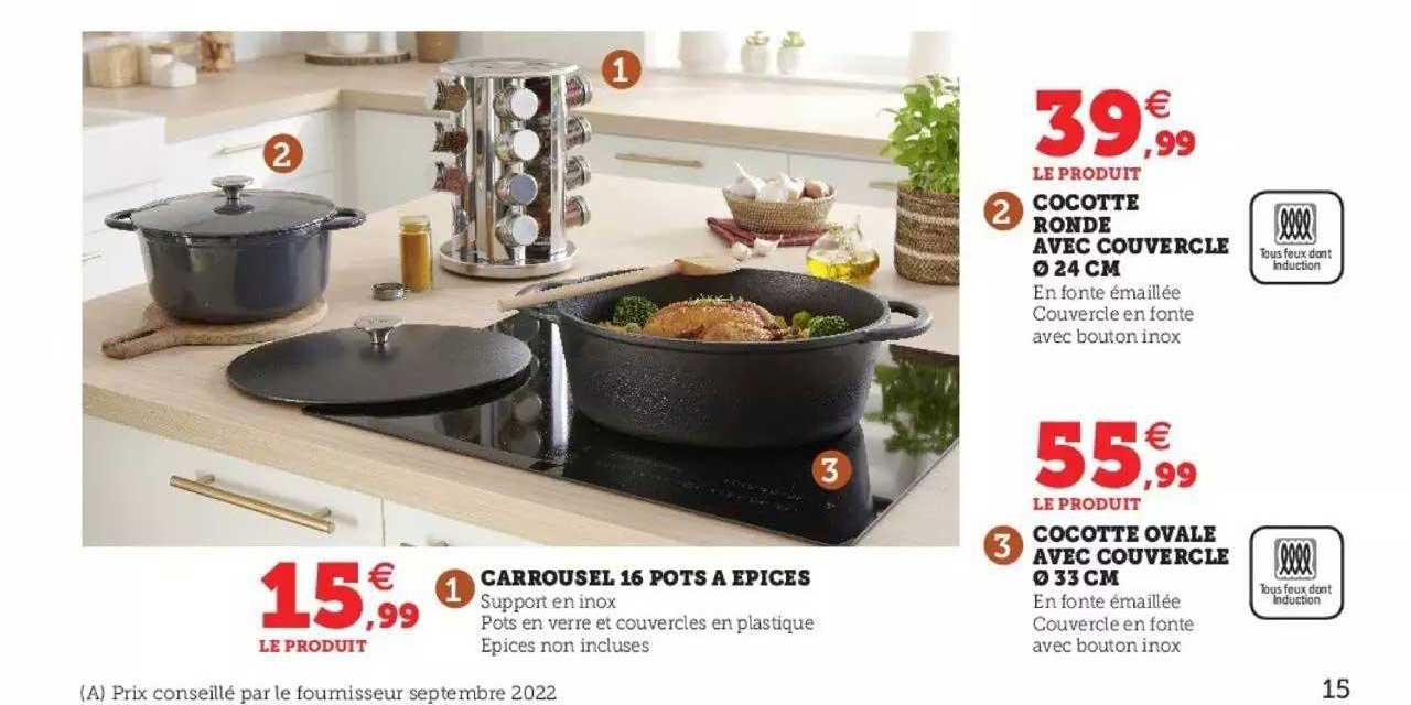 carrousel 16 pots à épices, cocotte ronde avec couvercle ø 24 cm, cocotte ovale avec couvercle ø 33 cm