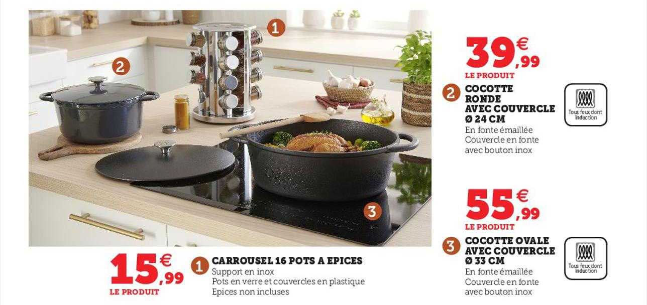 carrousel 16 pots à épices, cocotte ronde avec couvercle ø 24 cm, cocotte ovale avec couvercle ø 33 cm