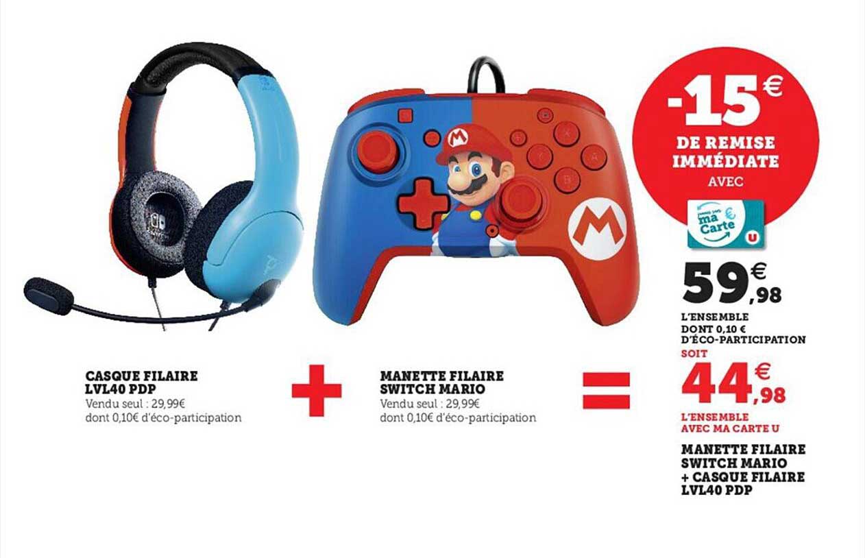 casque filaire lvl40 pdp + manette filaire switch mario