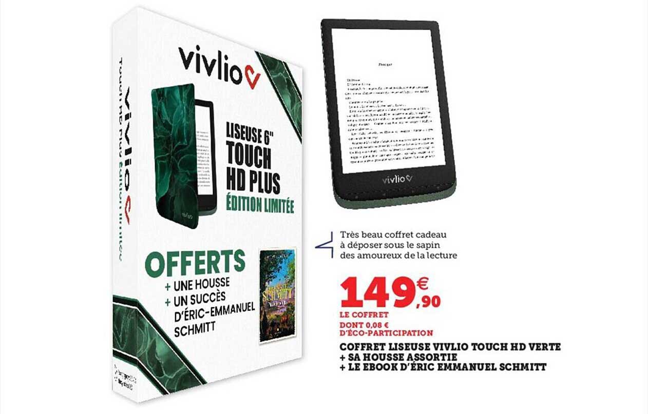 coffret liseuse vivlio touch hd verte + sa housse assortie + le ebook d'éric emmanuel schmitt