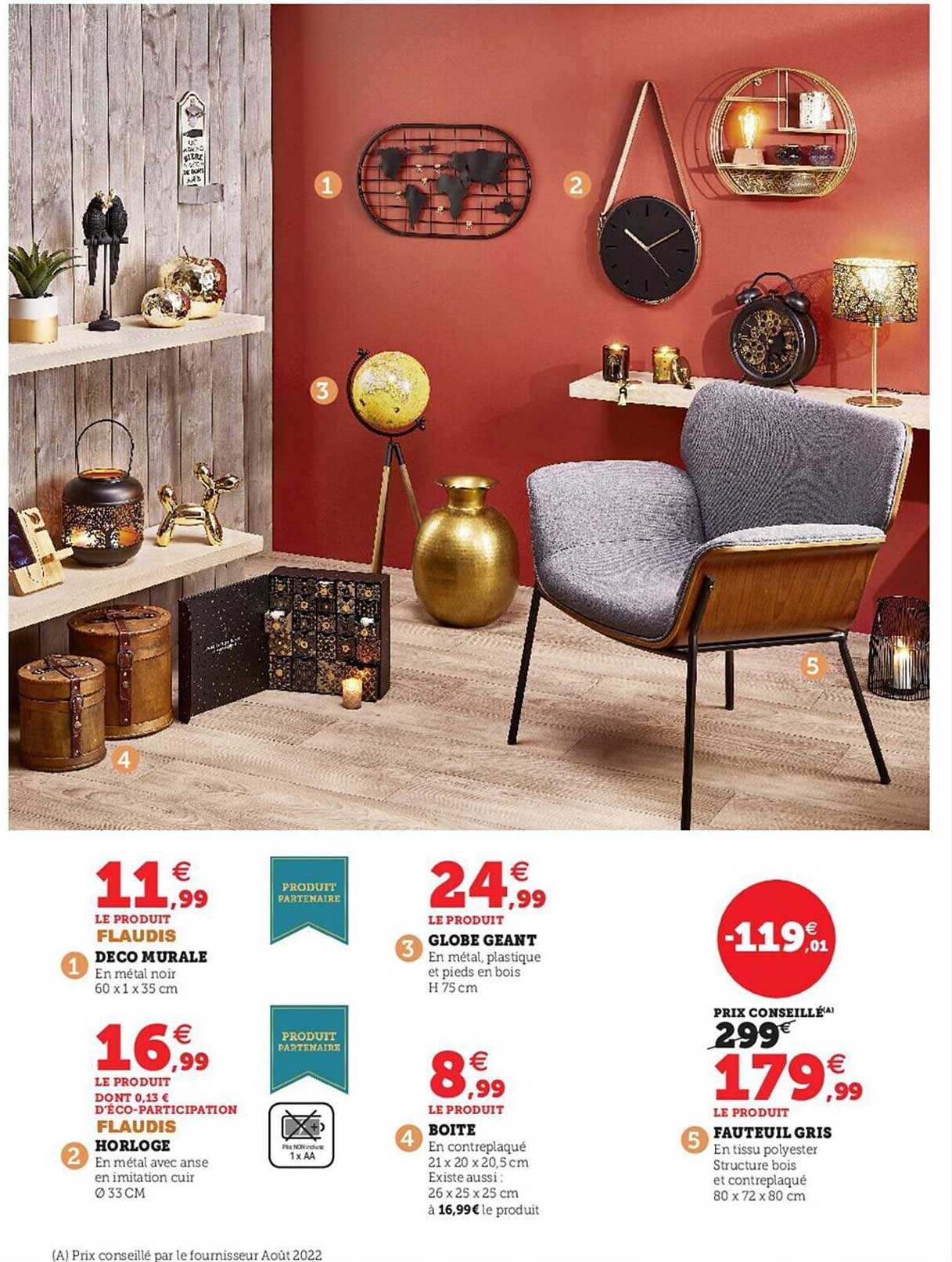 déco murale flaudis, horloge flaudis, globe géant, boîte, fauteuil gris