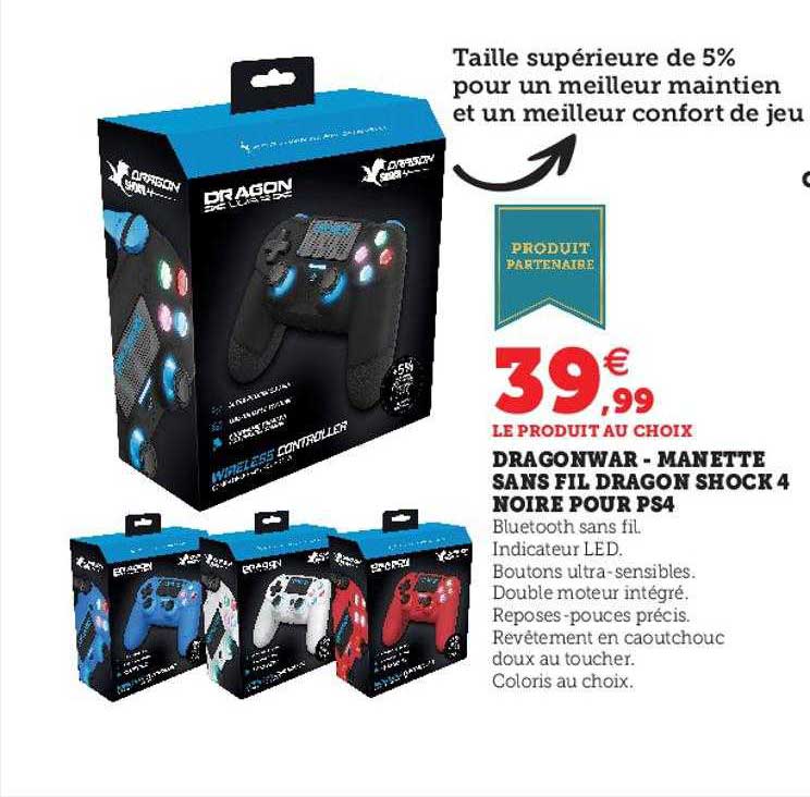 dragonwar - manette sans fil dragon shock 4 noire pour ps4