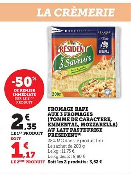 Fromage Râpé Aux 3 Fromages (tomme De Caractère, Emmental, Mozzarella) Au Lait Pasteurisé Président