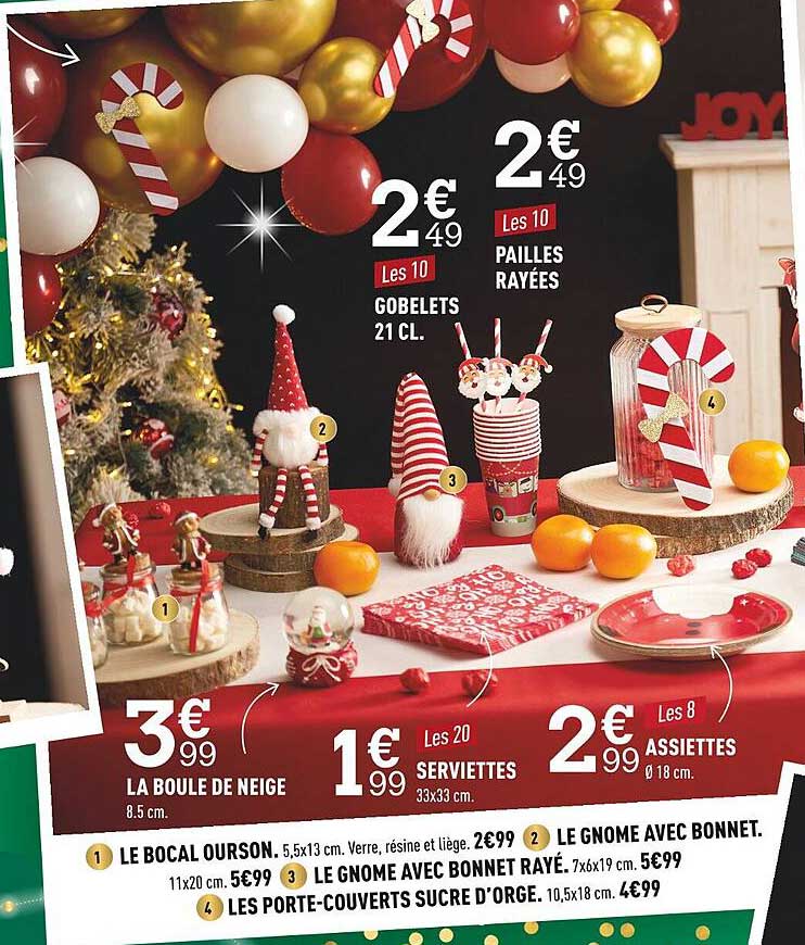 la boule de neige, le gnome avec bonnet, le gnome avec bonnet rayé, les porte-couverts sucre d'orge, la boule de neige, serviettes, gobelets, pailles rayées