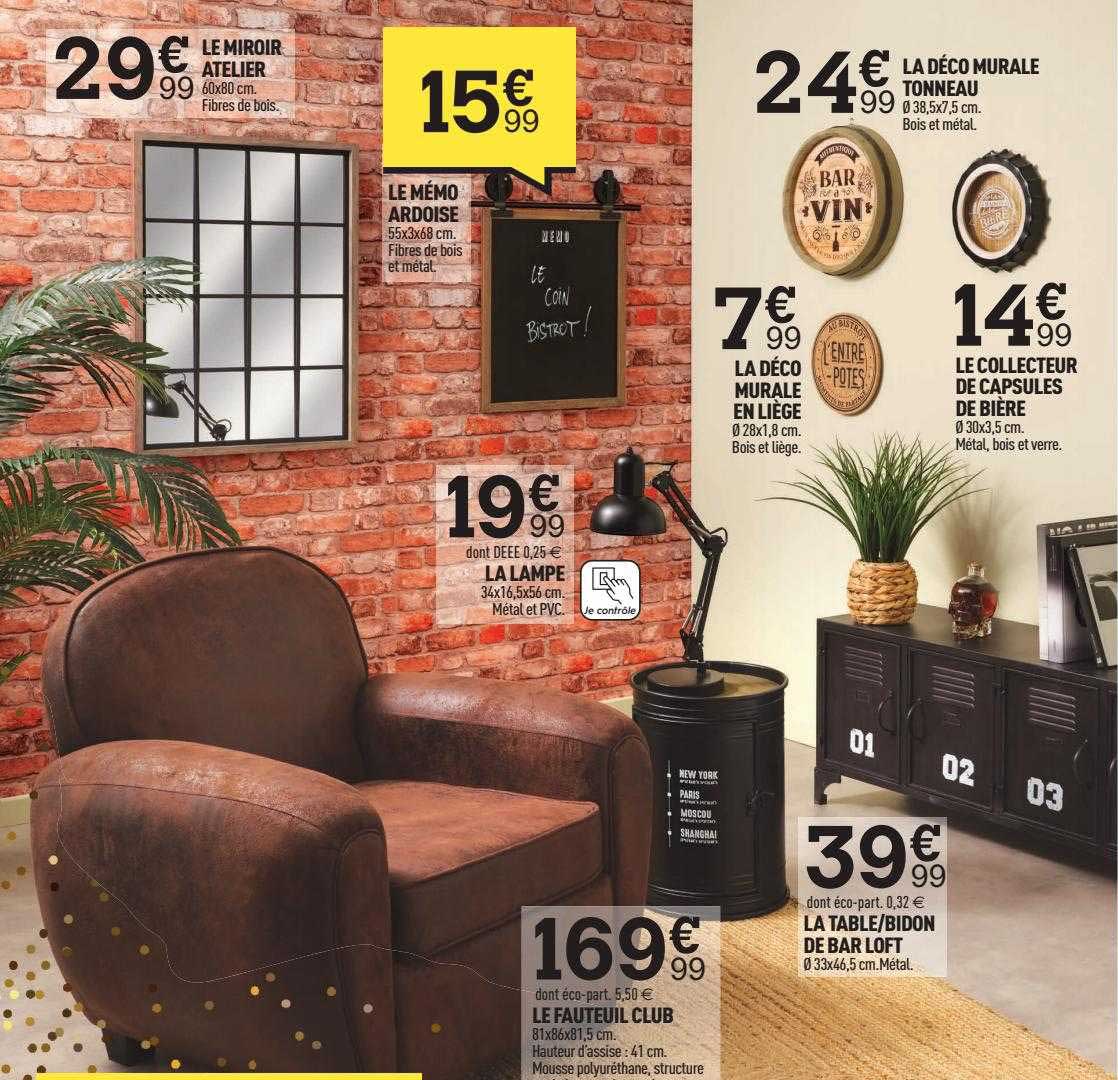 le miroir atelier, le mémo ardoise, la lampe, le fauteuil club, la déco murale en liège, la table - bidon de bar loft, la collecteur de capsules de bière , la déco murale tonneau