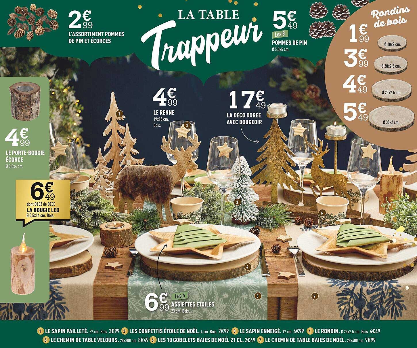 le sapin pailleté, les confettis étoile de noël, le sapin enneigé, le rondin, le chemin de table velours, les 10 gobelets baies de noël , le chemin de table baies de noël