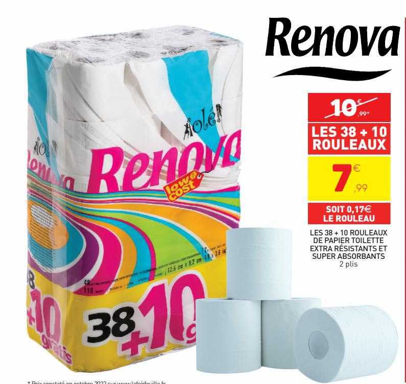 les 38 + 10 rouleaux de papier toilette extra résistants et super absorbants renova