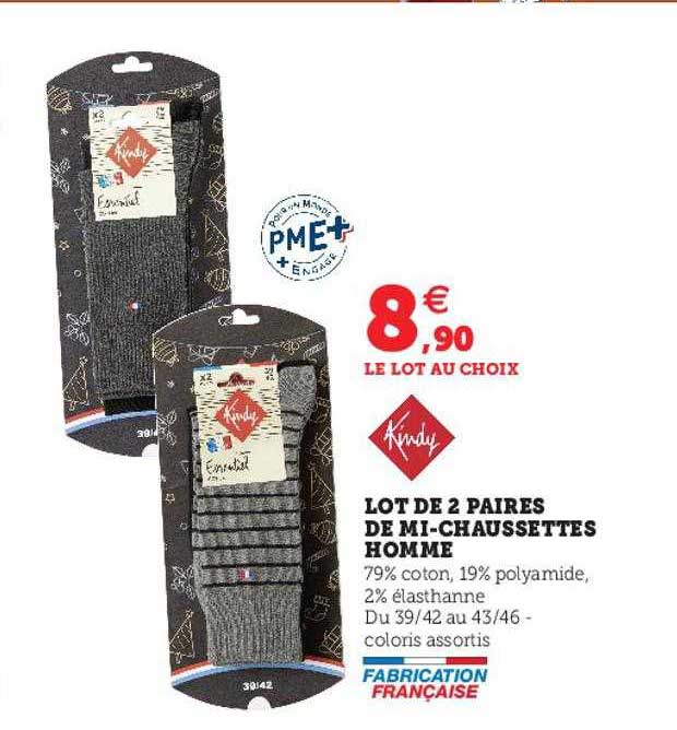 lot de 2 paires de mi chaussettes homme kindy