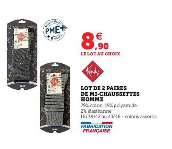 lot de 2 paires de mi chaussettes homme kindy