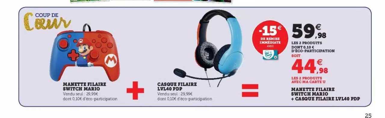 manette filaire switch mario + casque filaire lvl40 pdp