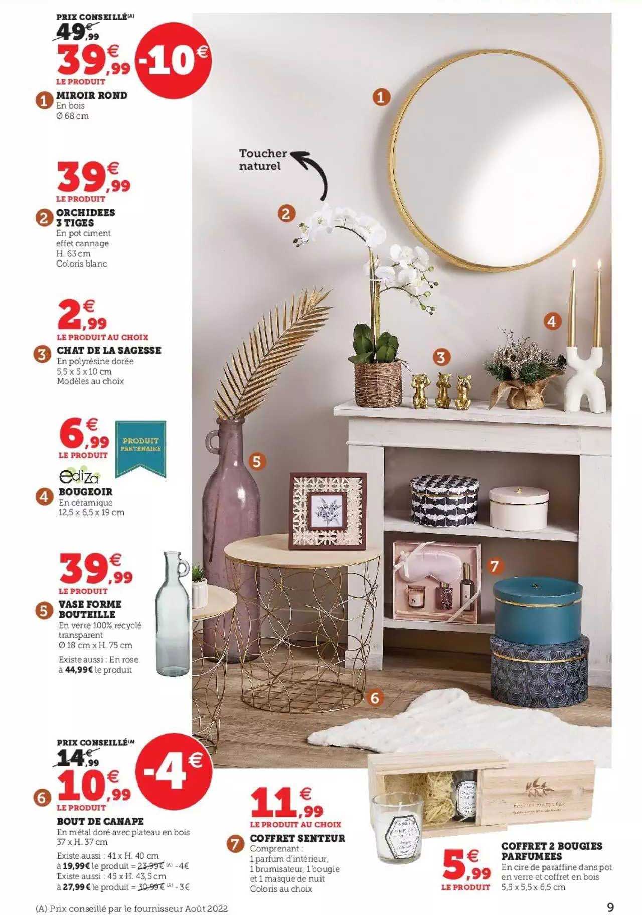 miroir rond, orchidées 3 tiges, chat de la sagesse, bougeoir, vase forme bouteille, bout de canapé, coffret senteur, coffret bougie parfumées