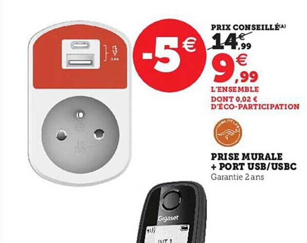 prise murale + port usb-usbc