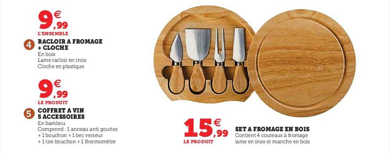 racloir à fromage + cloche, coffret à vin 5 accessoires, set à fromage en bois