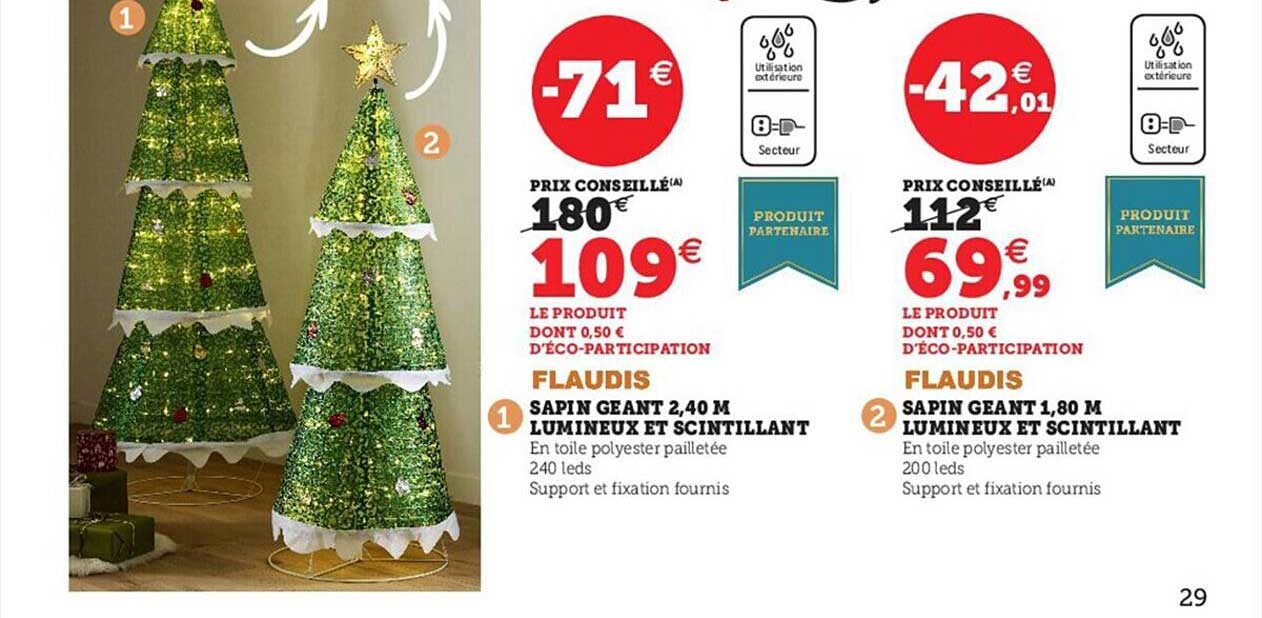 sapin géant 2,40 m lumineux et scintillant flaudis, sapin géant 1,80 m lumineux et scintillant flaudis