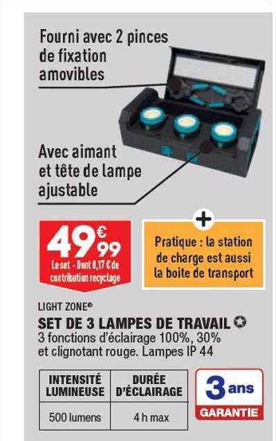 set de 3 lampes de travail light zone