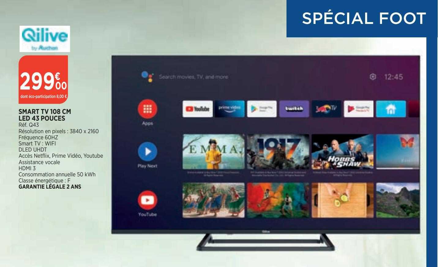 smart tv 108 cm led 43 pouces qilive