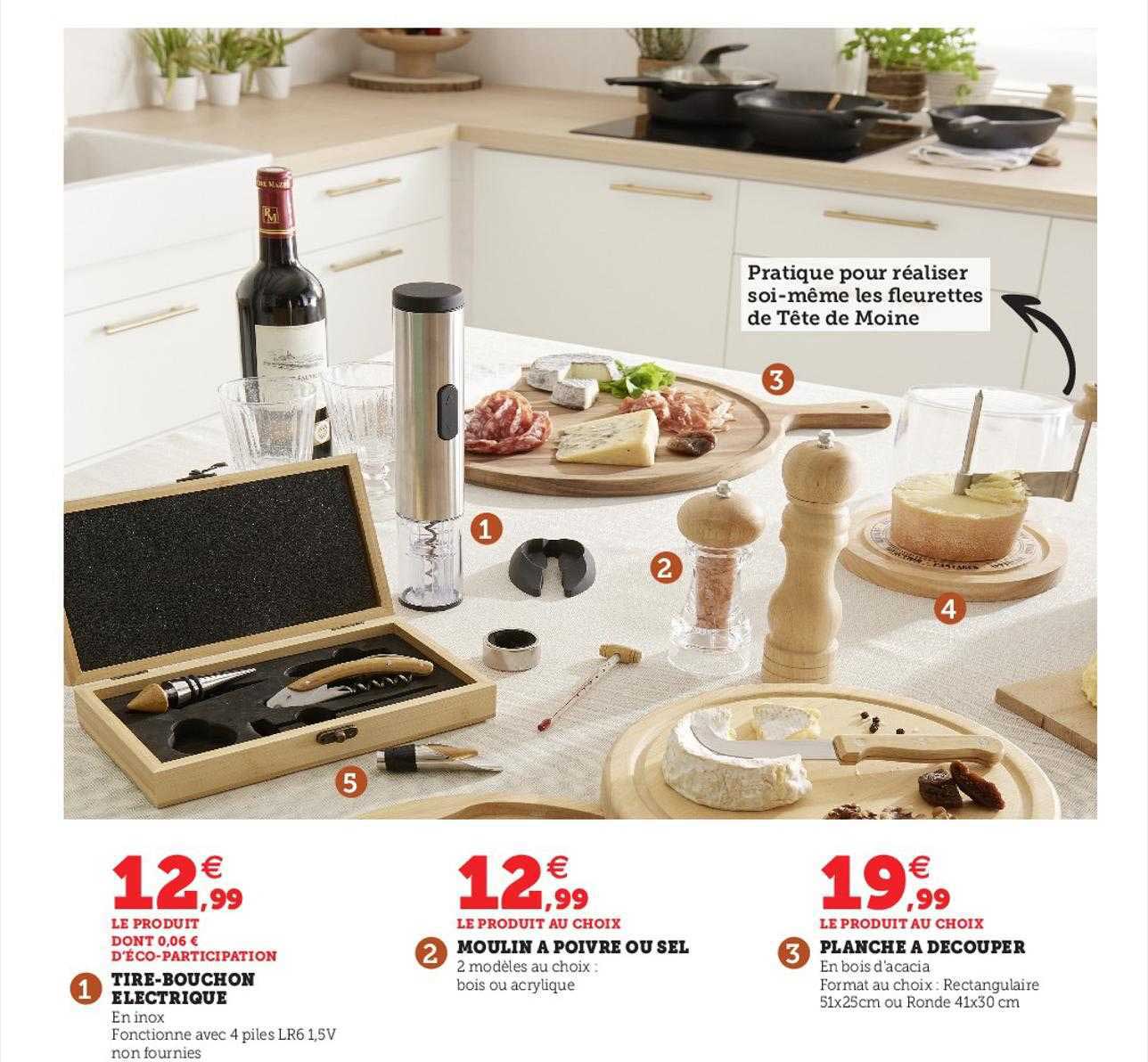 tire-bouchon électrique, moulin à poivre ou sel, planche à découper