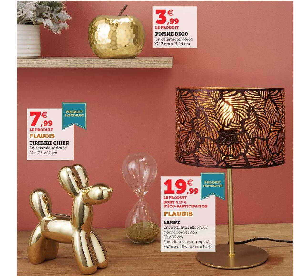 tirelire chien flaudis, lampe flaudis, pomme déco