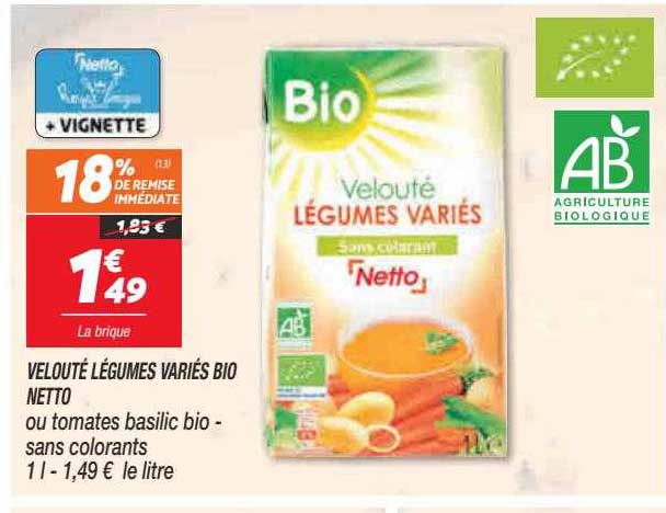 velouté légumes variés bio netto ou tomates basilic bio - sans colorants