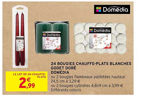 24 bougies chauffe-plats blanches godet doré domédia