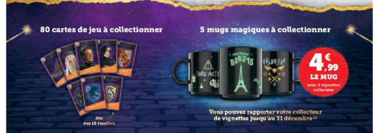 80 cartes de jeu à collectionner, 5 mugs magiques à collectionner
