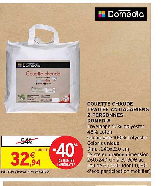 couette chaude traitée antiacariens 2 personnes domédia