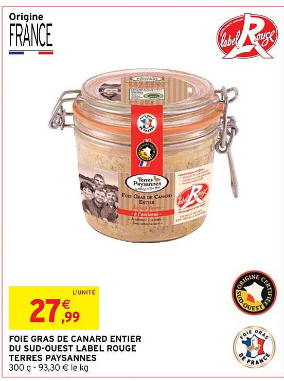 foie gras de canard entier du sud-ouest label rouge terres paysannes