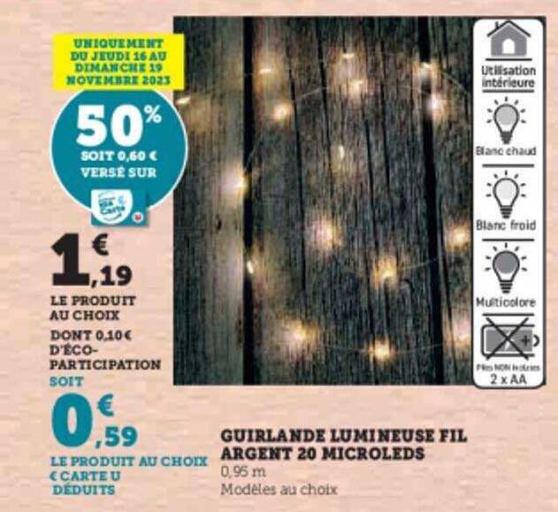 guirlande lumineuse fil argent 20 microleds