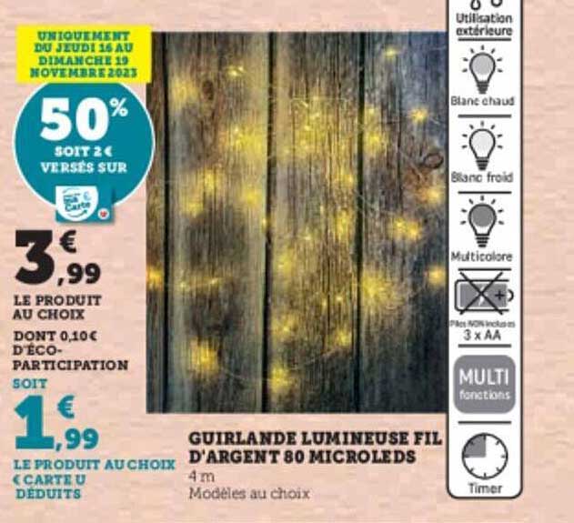 guirlande lumineuse fil d'argent 80 microleds