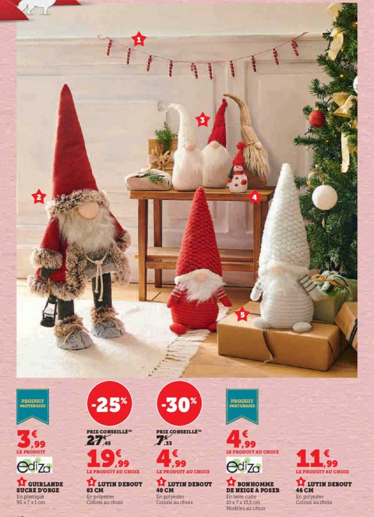 guirlande sucre d'orge, lutin debout 83 cm, lutin debout 40 cm, bonhomme de neige à poser, lutin debout 46 cm