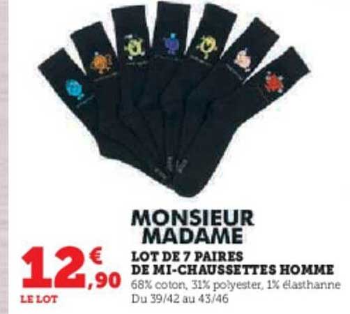 lot de 7 paires de mi-chaussettes homme monsieur madame