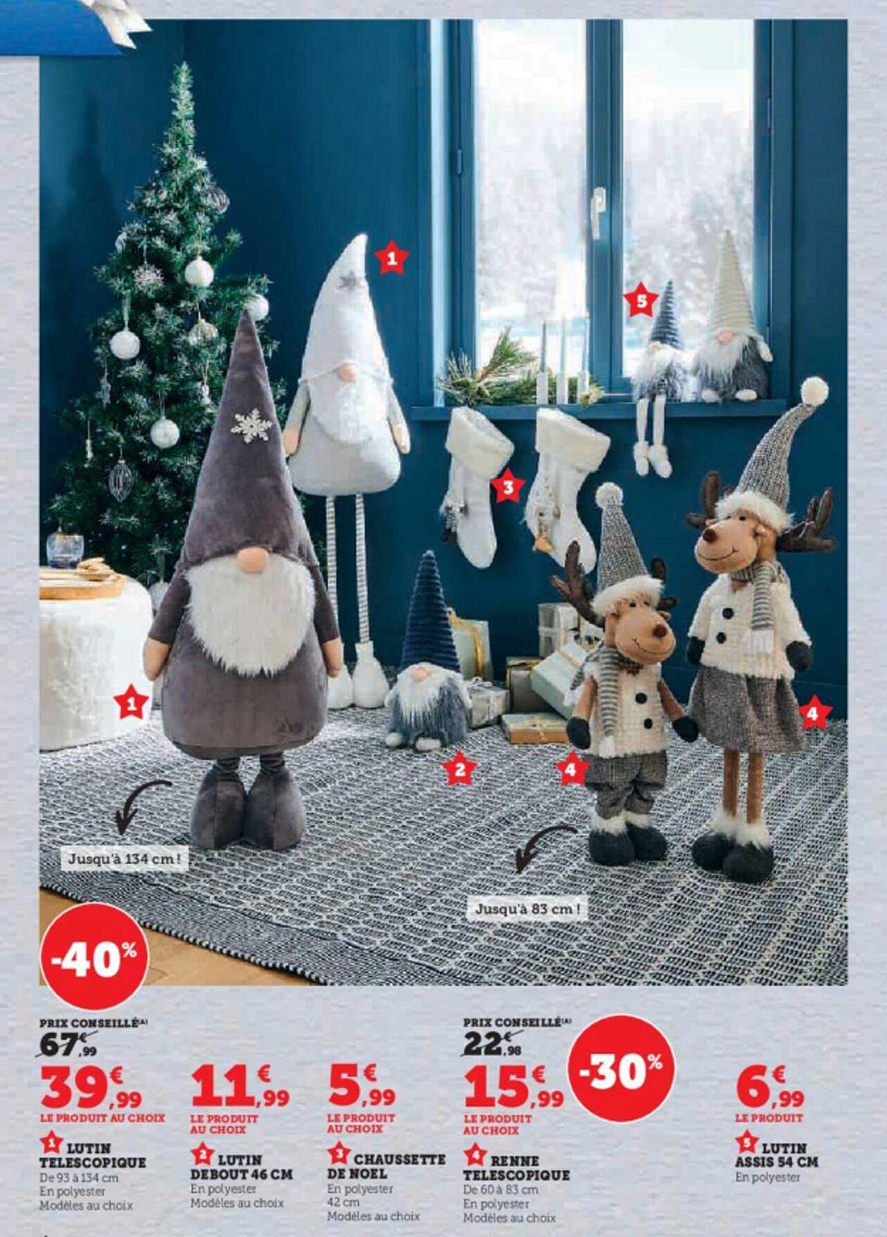 lutin téléscopique, lutin debout 46 cm, chaussette de noël, renne téléscopique, lutin assis 54 cm