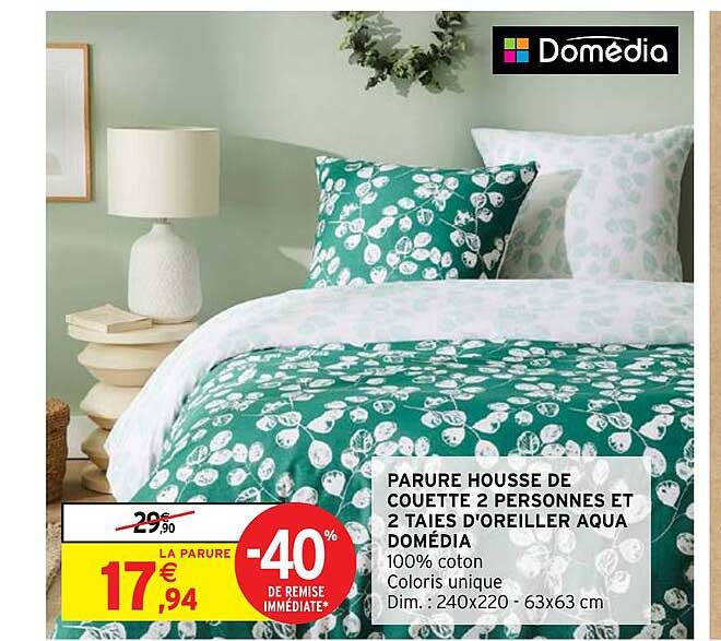 parure housse de couette 2 personnes et 2 taies d'oreiller aqua domédia