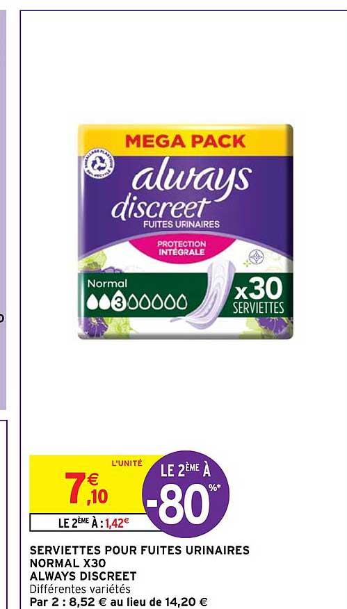 serviettes pour fuites urinaires normal x 30 always discreet