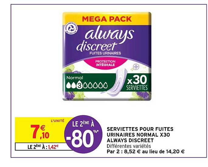 serviettes pour fuites urinaires normal x 30 always discreet