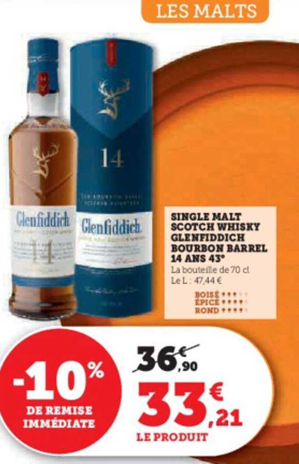 single malt scotch whisky glenfiddich bourbon barrel 14 ans 43°
