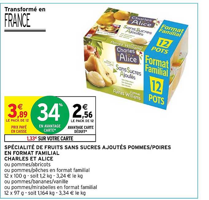 spécialité de fruits sans sucres ajoutés pommes/poires en format familial charles et alice