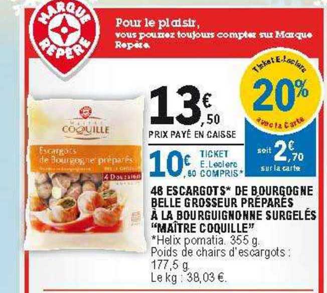 48 escargots de bourgogne belle grosseur préparés à la bourguignonne surgelés "maitre coquille"